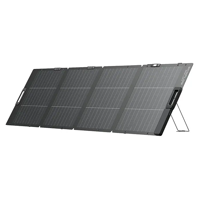 EcoFlow Solarmodul Lightweight faltbar bifazial - L x B x H: 194,4 x 41,3 x 2,6 cm - Dunkelgraues, faltbares EcoFlow 220W Light Solarpanel mit Gittermuster, auf integriertem Ständer.