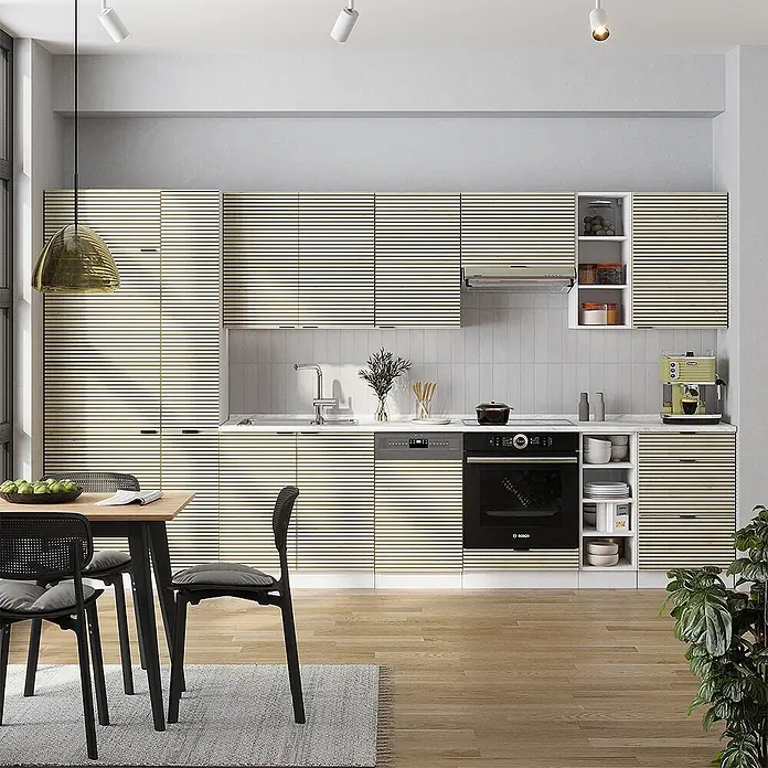 Vicco Küchenzeile Fame-Line Eiche Paneel/Weiß, AP Anthrazit - Breite: 355 cm, Eiche Paneel, Ohne Elektrogeräte - Moderne Küche mit hellgelben, horizontal gestreiften Schränken und integrierten Geräten.