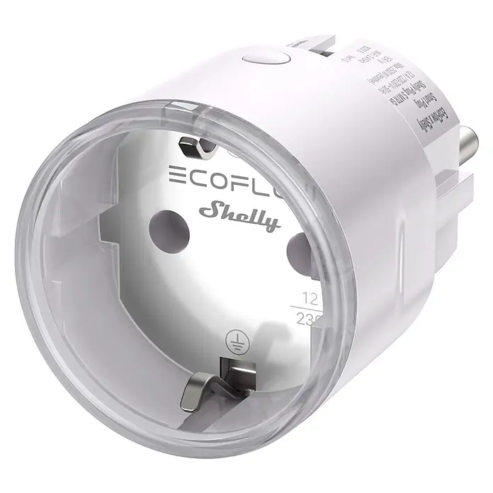 EcoFlow Smart-Steckdose × Shelly - Innen, Weiß, 16 A - Weißer Smart Plug mit transparentem Frontring und Metallkontakten, mit EcoFlow x Shelly Branding.