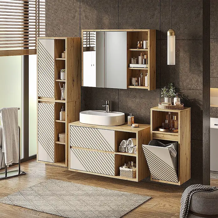 Vicco Badmöbel-Set - Artisan-Eiche, Matt - Modernes Badezimmermöbelset aus hellem Holz mit weiß-gestreiften Fronten, bestehend aus Waschtisch, Spiegel- und Hochschrank.
