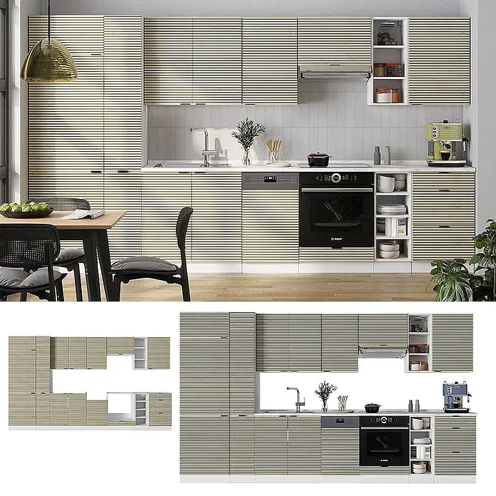 Vicco Küchenzeile Fame-Line Eiche Paneel/Weiß, AP Anthrazit - Breite: 355 cm, Eiche Paneel, Ohne Elektrogeräte - Moderne Küche mit hellbeige Lamellenschränken, integrierten Geräten und Essbereich.