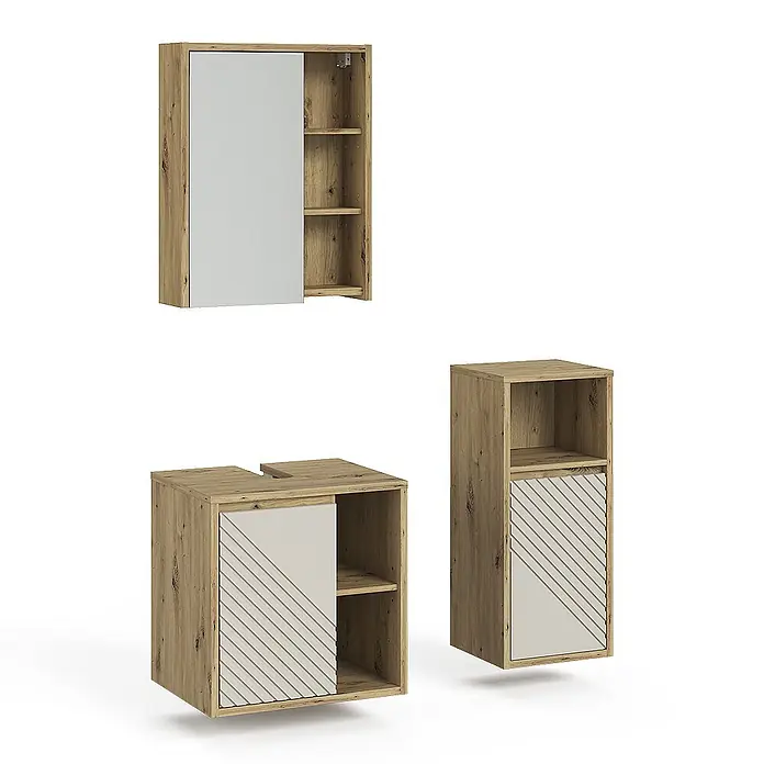 Vicco Badmöbel-Set - Artisan-Eiche, Matt - Badezimmermöbel-Set aus Holz mit Spiegelschrank, Waschbeckenunterschrank und hohem Stauraumschrank, beigen Schiebetüren und diagonalem Muster.