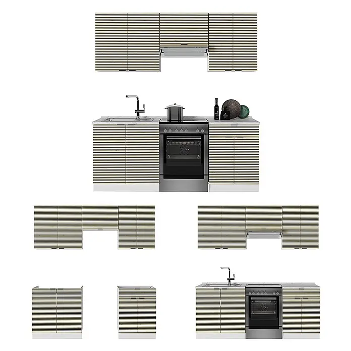 Vicco Küchenzeile Fame-Line Eiche Paneel/Weiß, AP Marmor - Breite: 200 cm, Eiche Paneel, Ohne Elektrogeräte - Helle, horizontal gestreifte Küchenschrank-Set mit Unter- und Oberschränken, Spüle und integriertem Backofen, in verschiedenen modularen Konfigurationen.
