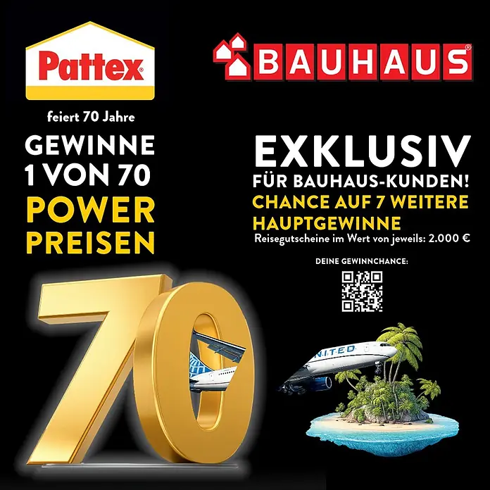 Pattex Montagekleber Express - 440 g - Pattex & Bauhaus Gewinnspielanzeige. 70 Jahre Feier mit 70 Preisen & 7 Hauptgewinnen (Reisegutscheine). Zeigt goldene '70', Flugzeug, QR-Code.