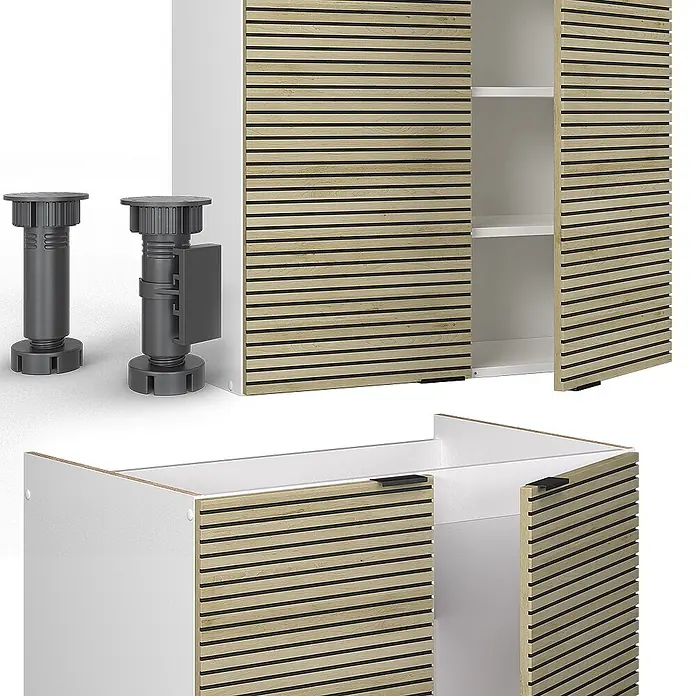 Vicco Küchenzeile Fame-Line Eiche Paneel/Weiß, AP Marmor - Breite: 200 cm, Eiche Paneel, Ohne Elektrogeräte - Weißer Schrank mit Lamellenfronten aus hellem Holz und verstellbaren dunkelgrauen Möbelbeinen.