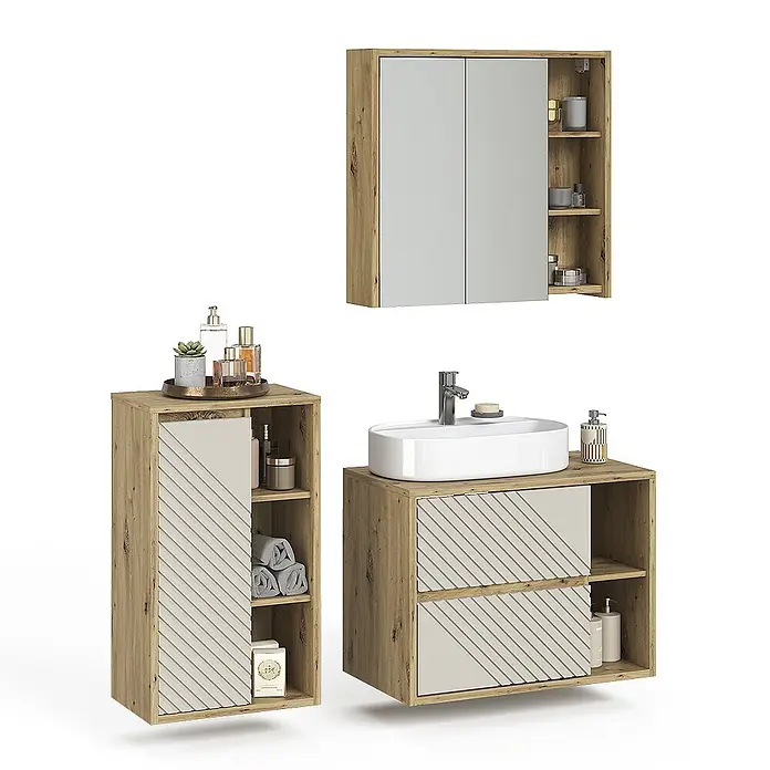 Vicco Badmöbel-Set - Artisan-Eiche, Matt - Badezimmermöbel-Set in Holzoptik mit Waschbeckenunterschrank, Spiegelschrank und Seitenregal, mit gestreiften beigen Fronten.