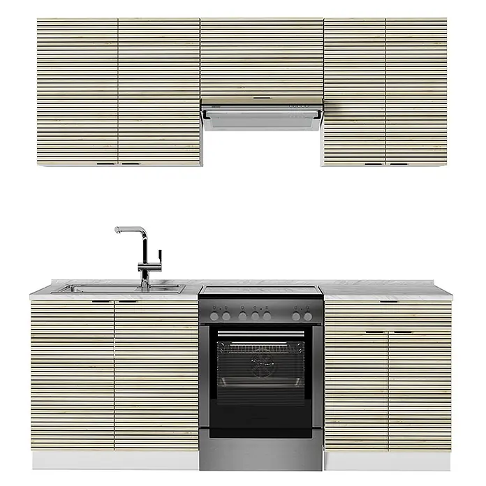 Vicco Küchenzeile Fame-Line Eiche Paneel/Weiß, AP Marmor - Breite: 200 cm, Eiche Paneel, Ohne Elektrogeräte - Moderne Küchenzeile mit lamellierten hellen Holzschränken, weißer Arbeitsplatte und Edelstahlspüle, Herd und Dunstabzugshaube.