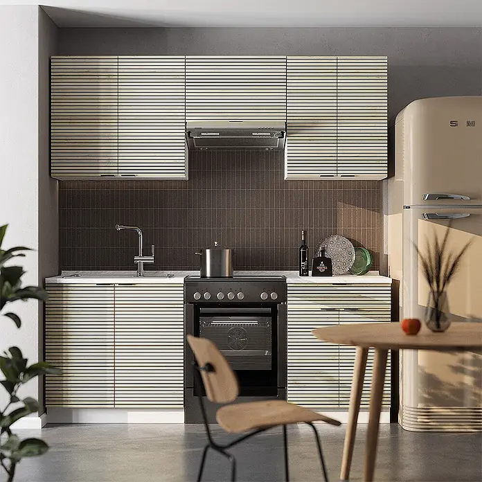 Vicco Küchenzeile Fame-Line Eiche Paneel/Weiß, AP Marmor - Breite: 200 cm, Eiche Paneel, Ohne Elektrogeräte - Helle beige Lamellenküchenschränke in einer modernen Küche mit integrierter Spüle und Backofen.