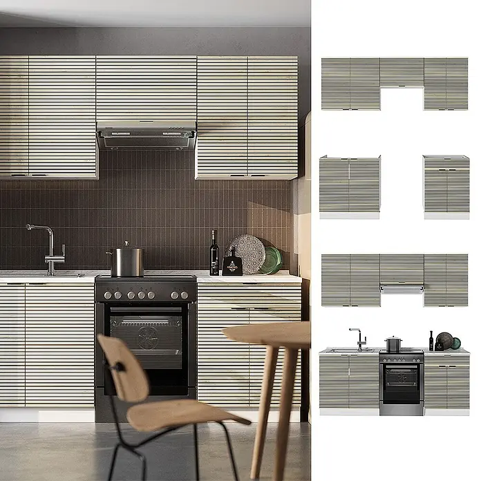 Vicco Küchenzeile Fame-Line Eiche Paneel/Weiß, AP Marmor - Breite: 200 cm, Eiche Paneel, Ohne Elektrogeräte - Moderne Küche mit hellbeigen Schränken mit markanten horizontalen Lamellenfronten.