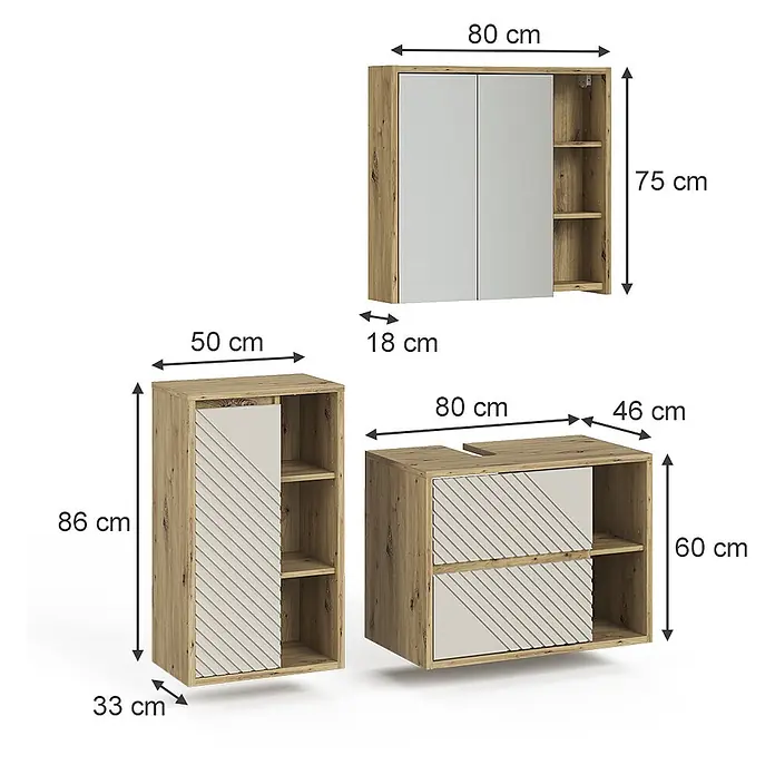 Vicco Badmöbel-Set - Artisan-Eiche, Matt - Modulare Badschränke in heller Holzoptik mit gemusterten grauen Fronten.