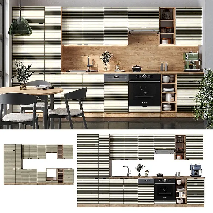 Vicco Küchenzeile Fame-Line Eiche Paneel/Goldkraft Eiche, AP Anthrazit - Breite: 355 cm, Eiche Paneel, Ohne Elektrogeräte - Moderne Küche mit horizontal gestreiften hellbeigen Schränken und Holz-Arbeitsplatten, inklusive integrierter Geräte.