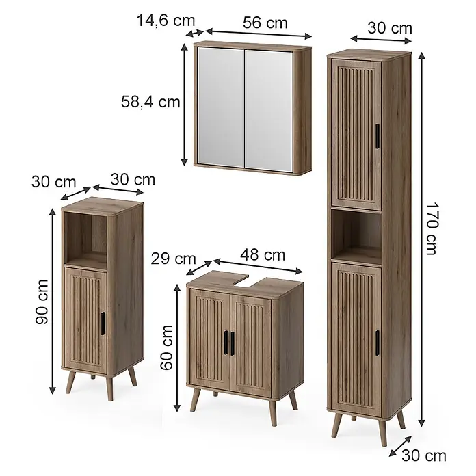 Vicco Badmöbel-Set - Eiche, Matt - Helles Badmöbel-Set in Holzoptik mit Rillen-Details: Spiegelschrank, Hochschrank, Unterschrank und Beistellschrank.
