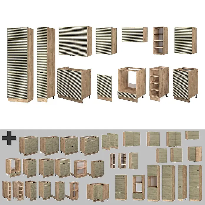 Vicco Küchenzeile Fame-Line Eiche Paneel/Goldkraft Eiche, AP Anthrazit - Breite: 355 cm, Eiche Paneel, Ohne Elektrogeräte - Helle Holz-Küchenschränke mit horizontalen Lamellenfronten, einschließlich Hochschränken, Unter-, Ober- und offenen Regaleinheiten.
