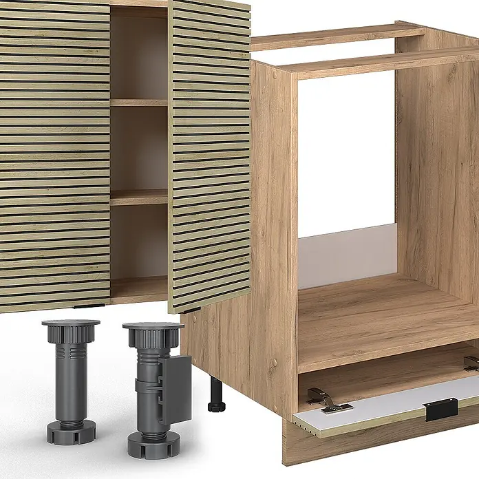 Vicco Küchenzeile Fame-Line Eiche Paneel/Goldkraft Eiche, AP Anthrazit - Breite: 355 cm, Eiche Paneel, Ohne Elektrogeräte - Modulares Küchenschranksystem mit hellen Holzlamellentüren, offenem Korpus und verstellbaren dunkelgrauen Füßen.