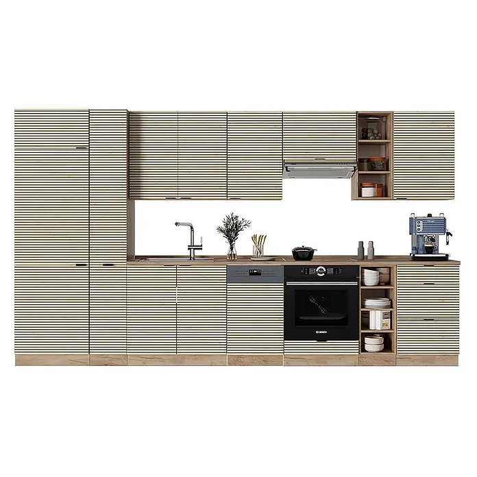 Vicco Küchenzeile Fame-Line Eiche Paneel/Goldkraft Eiche, AP Anthrazit - Breite: 355 cm, Eiche Paneel, Ohne Elektrogeräte - Moderne Küche mit hellen Lamellenholzschränken und Holztheken, integrierten Geräten, Spüle und Kaffeemaschine.