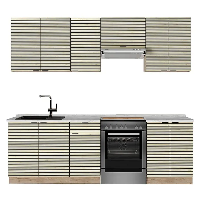 Vicco Küchenzeile Fame-Line Eiche Paneel/Goldkraft Eiche ohne Arbeitsplatte - Breite: 240 cm, Eiche Paneel, Ohne Elektrogeräte - Modernes Küchenset: helle Holzlamellenschränke, weiße Marmor-Arbeitsplatte, schwarzes Spülbecken, Edelstahlherd mit passender Dunstabzugshaube.