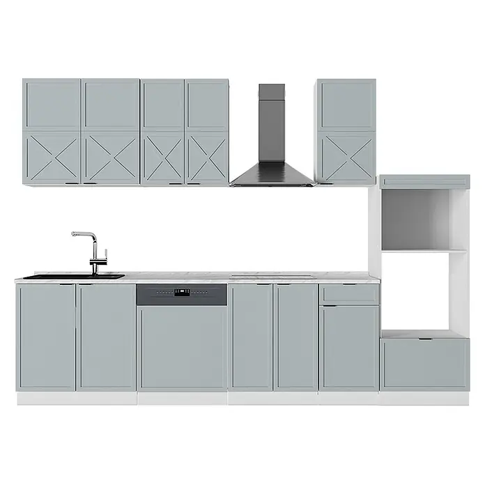 Vicco Küchenzeile Fame-Line Hellblau-grau/Weiß mit Hochschrank, ohne Arbeitsplatte - Breite: 300 cm, Hellblau-grau, Ohne Elektrogeräte - Hellblau-graue modulare Küchenzeile mit weißen Arbeitsplatten, Spüle, Kochfeld, Geschirrspüler, Dunstabzugshaube und Hochschrank.