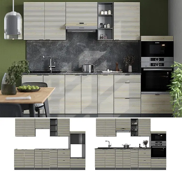 Vicco Küchenzeile Fame-Line Eiche Paneel/Anthrazit, AP Eiche - Breite: 280 cm, Eiche Paneel, Ohne Elektrogeräte - Moderne Küche mit hellen waagerecht lamellierten Schränken, integriertem Backofen, Mikrowelle und Kochfeld.