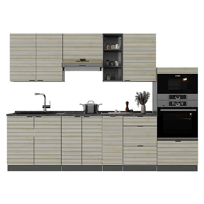 Vicco Küchenzeile Fame-Line Eiche Paneel/Anthrazit, AP Eiche - Breite: 280 cm, Eiche Paneel, Ohne Elektrogeräte - Moderne Küchenschränke mit hellen Holzlamellenfronten, dunkler Arbeitsplatte, integrierter Spüle, Kochfeld, Backofen und Mikrowelle.