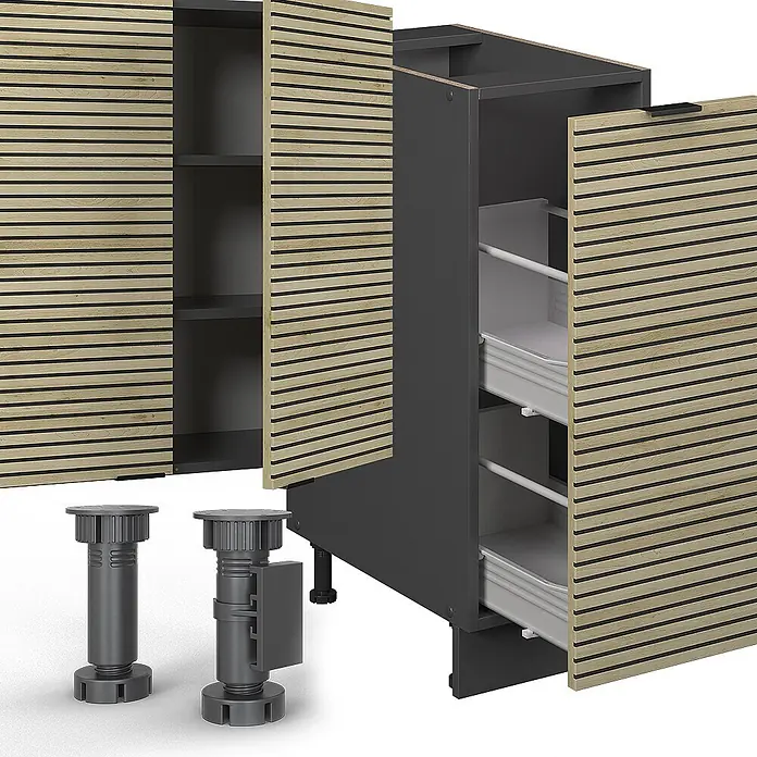 Vicco Küchenzeile Fame-Line Eiche Paneel/Anthrazit, AP Eiche - Breite: 280 cm, Eiche Paneel, Ohne Elektrogeräte - Modulares, dunkelgraues Schrankelement mit hellen Holzlamellentüren, Innenauszügen und verstellbaren Füßen, teilmontiert dargestellt.