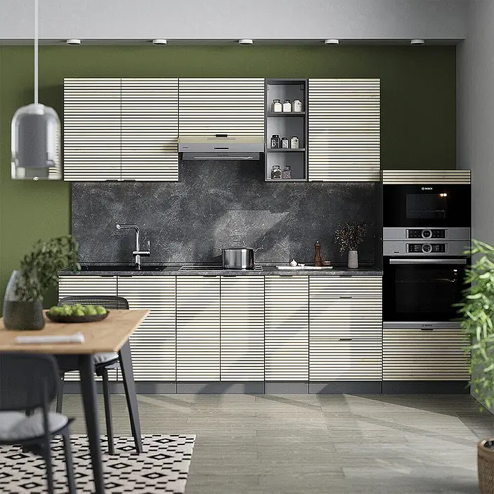 Vicco Küchenzeile Fame-Line Eiche Paneel/Anthrazit, AP Eiche - Breite: 280 cm, Eiche Paneel, Ohne Elektrogeräte - Moderne Küche mit hellen, horizontal laminierten Schränken, dunklen Steinplatten und integrierten Edelstahlgeräten.