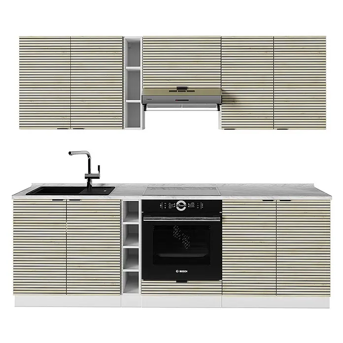 Vicco Küchenzeile Fame-Line Eiche Paneel/Weiß, AP Marmor - Breite: 235 cm, Eiche Paneel, Ohne Elektrogeräte - Moderne Küche mit hellen Holzlamellenfronten, integrierter Spüle, Backofen und Dunstabzugshaube.