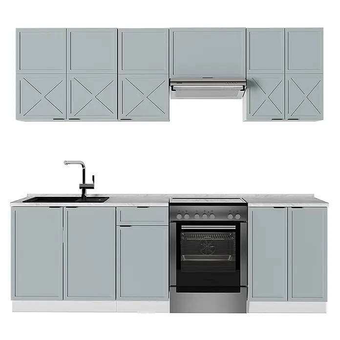 Vicco Küchenzeile Fame-Line Hellblau-grau/Weiß, AP Marmor - Breite: 240 cm, Hellblau-grau, Ohne Elektrogeräte - Pastellblaue Küchenzeile mit X-förmigen und glatten Schränken, Spüle, Backofen und Dunstabzugshaube.