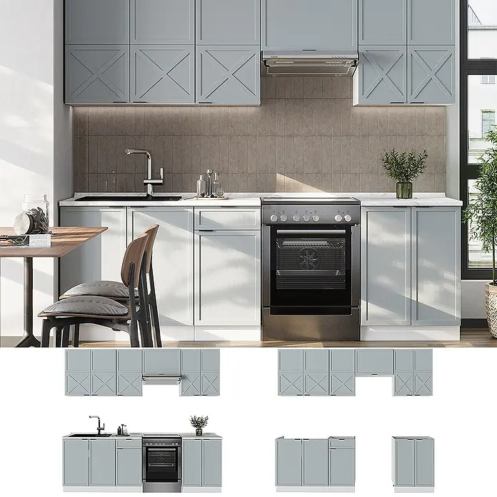 Vicco Küchenzeile Fame-Line Hellblau-grau/Weiß, AP Eiche - Breite: 240 cm, Hellblau-grau, Ohne Elektrogeräte - Helle graue Küchenschränke mit Kreuzdetails oben, installiert in einer modernen Küche mit Spüle und Herd.