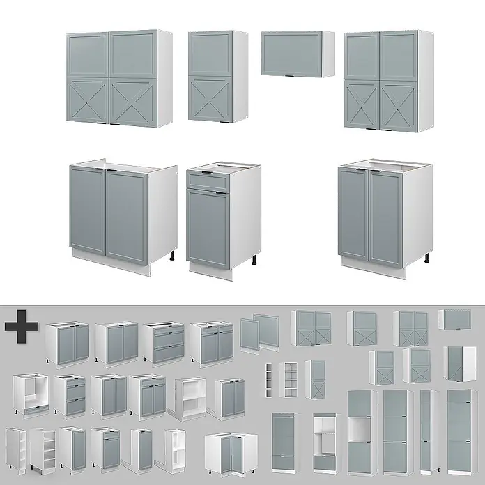 Vicco Küchenzeile Fame-Line Hellblau-grau/Weiß, AP Eiche - Breite: 240 cm, Hellblau-grau, Ohne Elektrogeräte - Grau-weiße Küchenschrankmodule in verschiedenen Ausführungen, darunter Unter-, Wand- und Hochschränke, teils mit X-Muster Türen, flachen Paneelen oder Schubladen.
