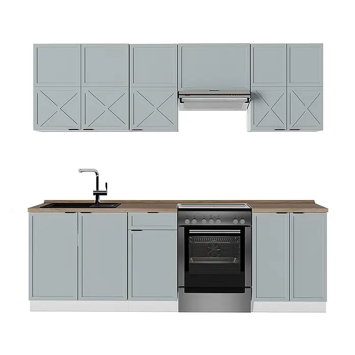 Vicco Küchenzeile Fame-Line Hellblau-grau/Weiß, AP Eiche - Breite: 240 cm, Hellblau-grau, Ohne Elektrogeräte - Hellblaue Küchenzeile mit Holzplatte, integrierter schwarzer Spüle, Backofen, Dunstabzugshaube und Kassetten-Ober-/Unterschränken.