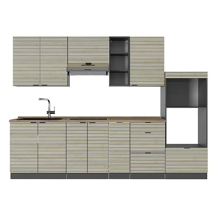 Vicco Küchenzeile Fame-Line Eiche Paneel/Anthrazit, AP Eiche - Breite: 280 cm, Eiche Paneel, Ohne Elektrogeräte - Moderne Küche mit hellen Holzlamellenfronten, dunkelgrauen Akzenten, Holzarbeitsplatte, Spüle, Kochfeld und Gerätenischen.