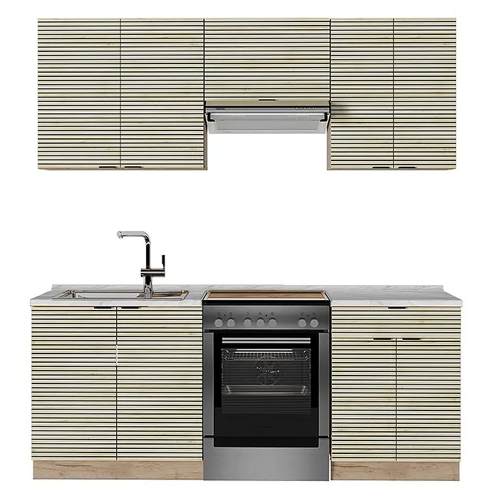 Vicco Küchenzeile Fame-Line Eiche Paneel/Goldkraft Eiche, AP Marmor - Breite: 200 cm, Eiche Paneel, Ohne Elektrogeräte - Moderne Küchenzeile mit hellen Holzlamellenfronten, heller Arbeitsplatte, Spüle, Herd und Dunstabzugshaube.