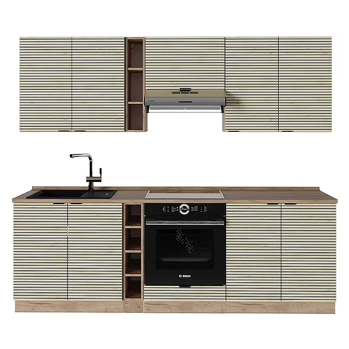 Vicco Küchenzeile Fame-Line Eiche Paneel/Goldkraft Eiche, AP Eiche - Breite: 235 cm, Eiche Paneel, Ohne Elektrogeräte - Moderne Küchenzeile mit hellen Lattenholzschränken, dunkler Arbeitsplatte und integrierten schwarzen Geräten wie Backofen, Kochfeld und Spüle.