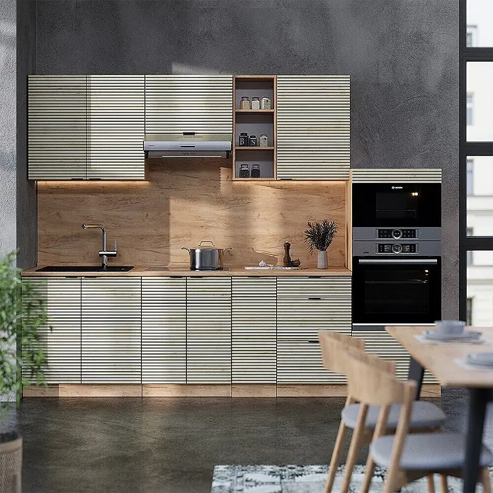 Vicco Küchenzeile Fame-Line Eiche Paneel/Goldkraft Eiche, AP Marmor - Breite: 280 cm, Eiche Paneel, Ohne Elektrogeräte - Moderne Küche mit hellen Schränken in horizontal gestreiftem Design, kombiniert mit Holztheken und Geräten.