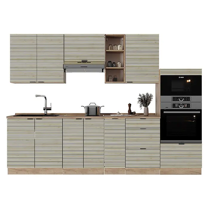 Vicco Küchenzeile Fame-Line Eiche Paneel/Goldkraft Eiche, AP Marmor - Breite: 280 cm, Eiche Paneel, Ohne Elektrogeräte - Moderne Küche mit hellen Holzlamellenfronten, Arbeitsplatte aus Holz, integrierter Spüle, Kochfeld, Backofen, Mikrowelle und Dunstabzugshaube.