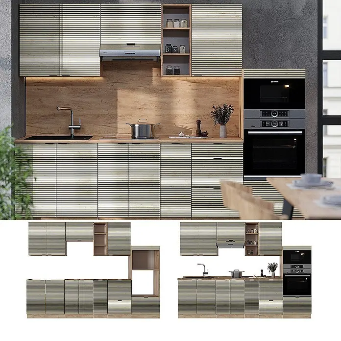 Vicco Küchenzeile Fame-Line Eiche Paneel/Goldkraft Eiche, AP Marmor - Breite: 280 cm, Eiche Paneel, Ohne Elektrogeräte - Moderne Küche mit hellen Lamellenholzschränken, integrierten Geräten und einer Holznischenverkleidung.