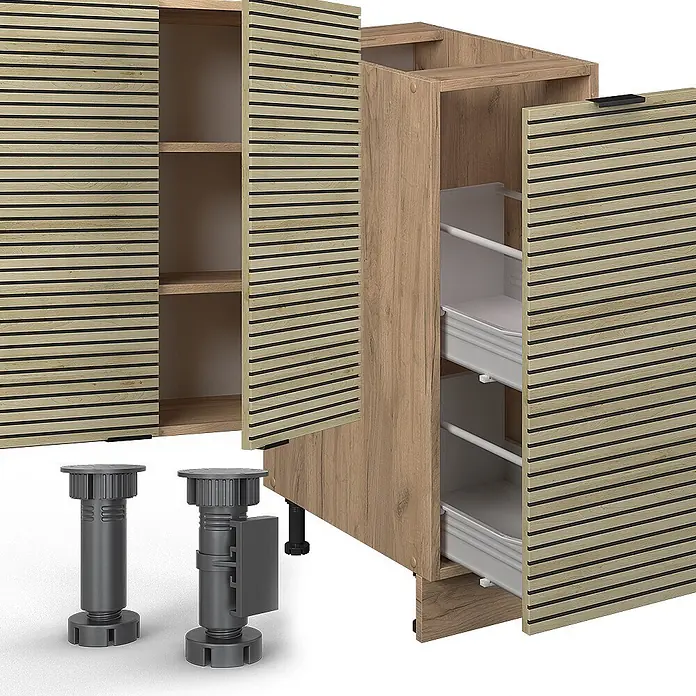 Vicco Küchenzeile Fame-Line Eiche Paneel/Goldkraft Eiche, AP Marmor - Breite: 280 cm, Eiche Paneel, Ohne Elektrogeräte - Helle Holzunterschränke mit Lamellentüren, einer mit Regalen, einer mit Auszügen, dazu zwei graue Justierfüße.