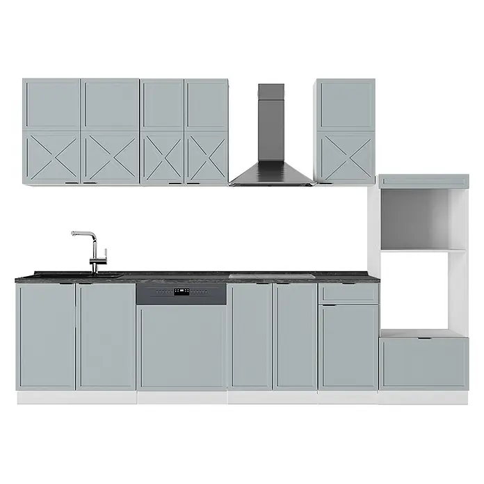 Vicco Küchenzeile Fame-Line Hellblau-grau/Weiß mit Hochschrank, AP Anthrazit - Breite: 300 cm, Hellblau-grau, Ohne Elektrogeräte - Komplette hellgraue Einbauküche mit Kassettenfronten, integriertem Geschirrspüler, Spüle und Kochfeld, Wand- und Unterschränke, Dunstabzugshaube.