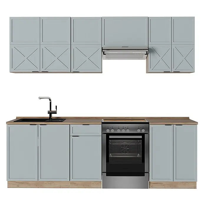 Vicco Küchenzeile Fame-Line Hellblau-grau/Goldkraft Eiche, AP Eiche - Breite: 240 cm, Hellblau-grau, Ohne Elektrogeräte - Hellblaue Küchenschränke mit Holzplatte, schwarzer Spüle und Silberofen/Herd. Oberschränke mit X-förmigen und glatten Türen.