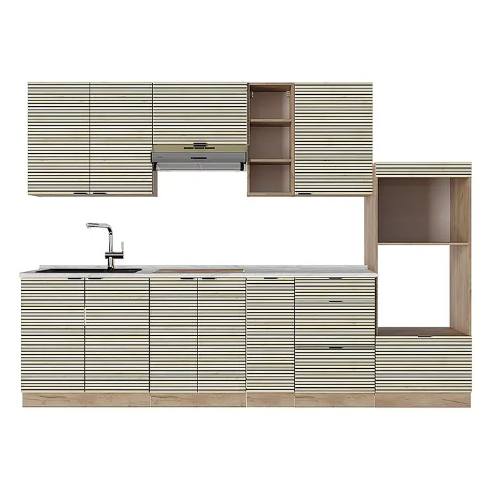 Vicco Küchenzeile Fame-Line Eiche Paneel/Goldkraft Eiche, AP Marmor - Breite: 280 cm, Eiche Paneel, Ohne Elektrogeräte - Moderne Küchenzeile mit hellen Lamellenholzschränken, weißer Arbeitsplatte und Spüle. Inklusive Dunstabzugshaube und offenen Regalen.