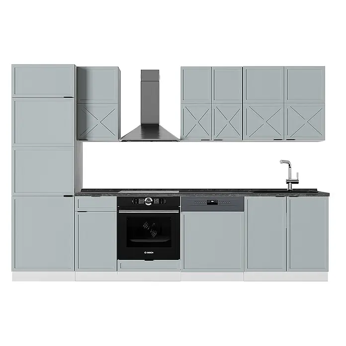 Vicco Küchenzeile Fame-Line Hellblau-grau/Weiß, AP Anthrazit - Breite: 300 cm, Hellblau-grau, Ohne Elektrogeräte - Moderne hellblaue Küche mit Ober- und Unterschränken, integriertem Backofen, Geschirrspüler, Spüle und Dunstabzugshaube.