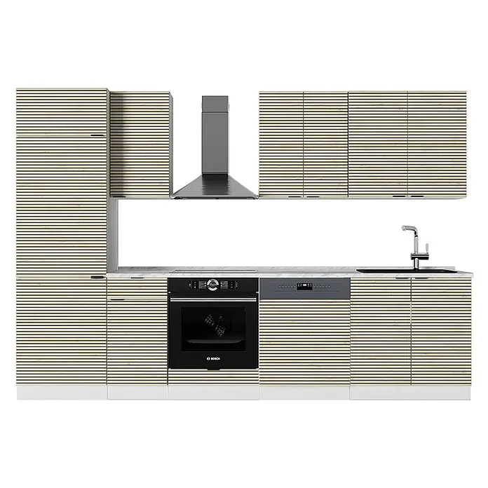 Vicco Küchenzeile Fame-Line Eiche Paneel/Weiß ohne Arbeitsplatte - Breite: 300 cm, Eiche Paneel, Ohne Elektrogeräte - Moderne Küche mit hellen Holzlamellenfronten und schwarzen Geräten: Backofen, Geschirrspüler, Spüle, Dunstabzugshaube.