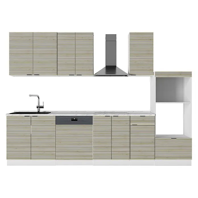 Vicco Küchenzeile Fame-Line Eiche Paneel/Weiß mit Hochschrank, ohne Arbeitsplatte - Breite: 300 cm, Eiche Paneel, Ohne Elektrogeräte - Moderne Küchenzeile mit hellen Holzlamellenfronten, weißem Sockel, Marmor-Arbeitsplatte und grauen Geräten.
