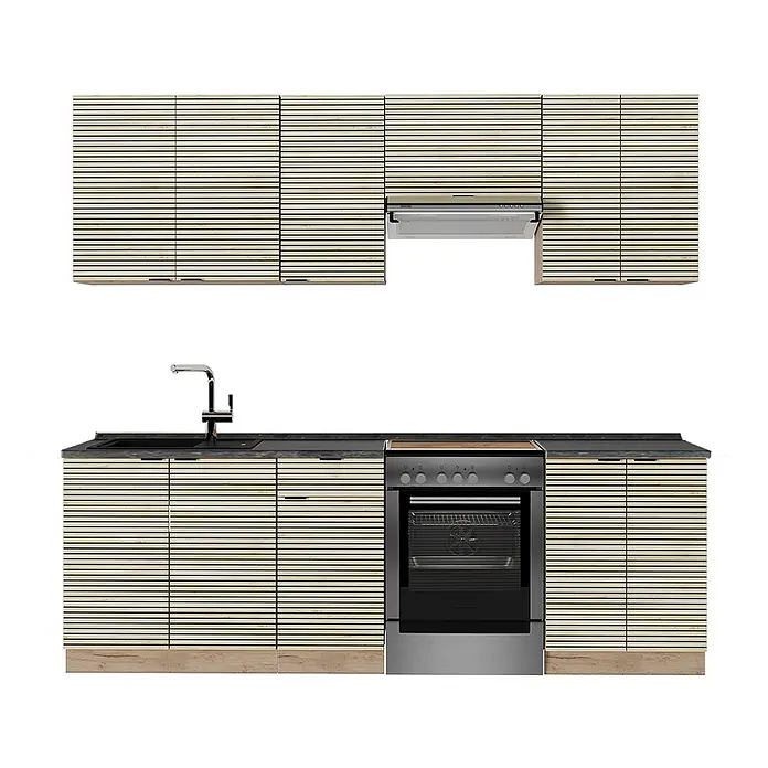 Vicco Küchenzeile Fame-Line Eiche Paneel/Goldkraft Eiche, AP Anthrazit - Breite: 240 cm, Eiche Paneel, Ohne Elektrogeräte - Moderne Küchenzeile mit hellen Lamellenholzschränken, dunkler Arbeitsplatte, dunklem Spülbecken und Edelstahlarmatur, Backofen und Dunstabzugshaube.