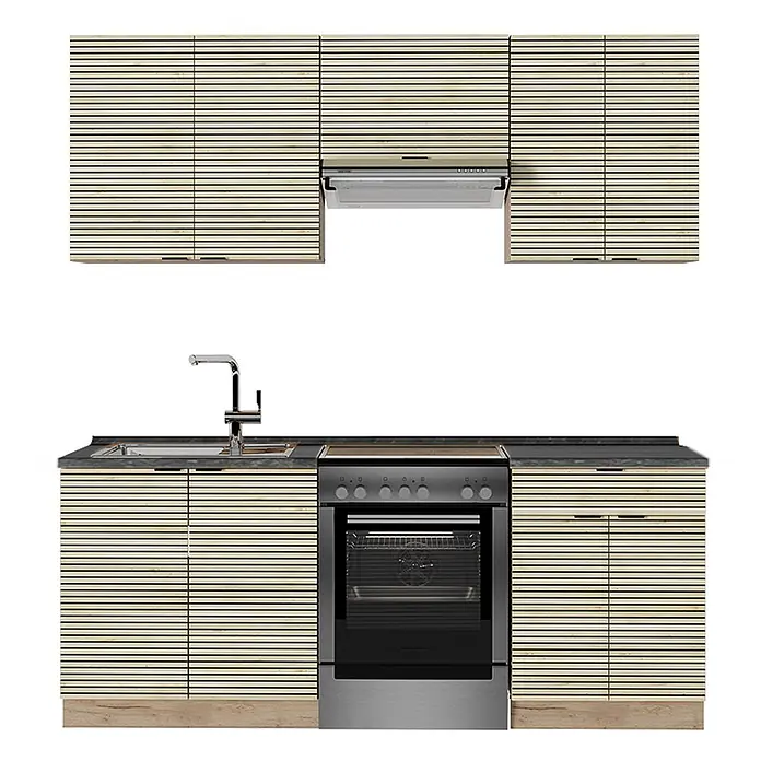 Vicco Küchenzeile Fame-Line Eiche Paneel/Goldkraft Eiche, AP Anthrazit - Breite: 200 cm, Eiche Paneel, Ohne Elektrogeräte - Komplette Küchenzeile mit hellen Lamellenholzschränken, dunkler Arbeitsplatte, Spüle, Herd und Dunstabzugshaube aus Edelstahl.