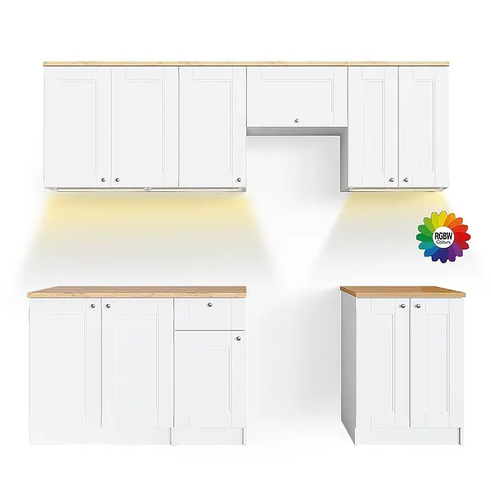 Vicco Küchenzeile Bergamo Weiß, AP Goldkraft mit LED-Leisten - Weiß, Ohne Elektrogeräte - Weiße Küchenschränke mit hellen Holz-Arbeitsplatten und modularer Bauweise, integrierte RGBW-Unterbaubeleuchtung.