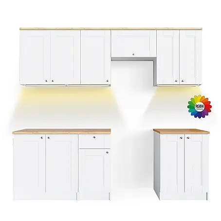 Vicco  Küchenzeile Bergamo Weiß, AP Goldkraft mit LED-Leisten