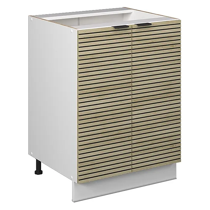 Vicco Schrankküche Fame-Line Eiche Paneel ohne Arbeitsplatte - Eiche Paneel, Unterschrank 60 cm - Weißer Unterschrank mit zwei naturholzlamellierten Türen, schwarzen Griffen und einer weißen Sockelblende.