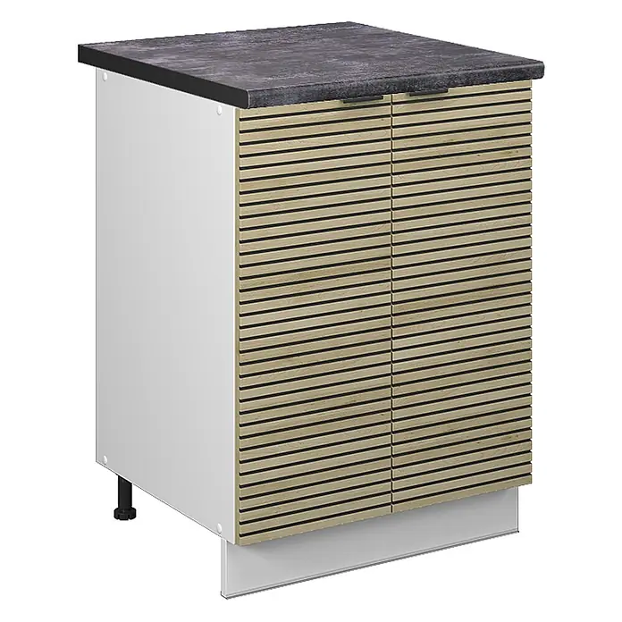Vicco Schrankküche Fame-Line Eiche Paneel, AP Anthrazit - Eiche Paneel, Unterschrank 60 cm, AP Anthrazit - Weißer Küchenunterschrank mit dunkelgrauer Arbeitsplatte und heller Holzlamellenfront.