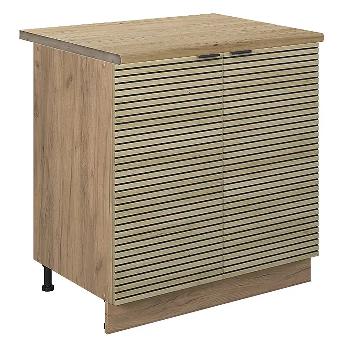 Vicco Schrankküche Fame-Line Eiche Paneel mit Regal, AP Eiche - Eiche Paneel, Unterschrank 80 cm - Helles Holzmaserung-Schränkchen mit Lamellentüren, schwarzen Griffen und verstellbaren Füßen.